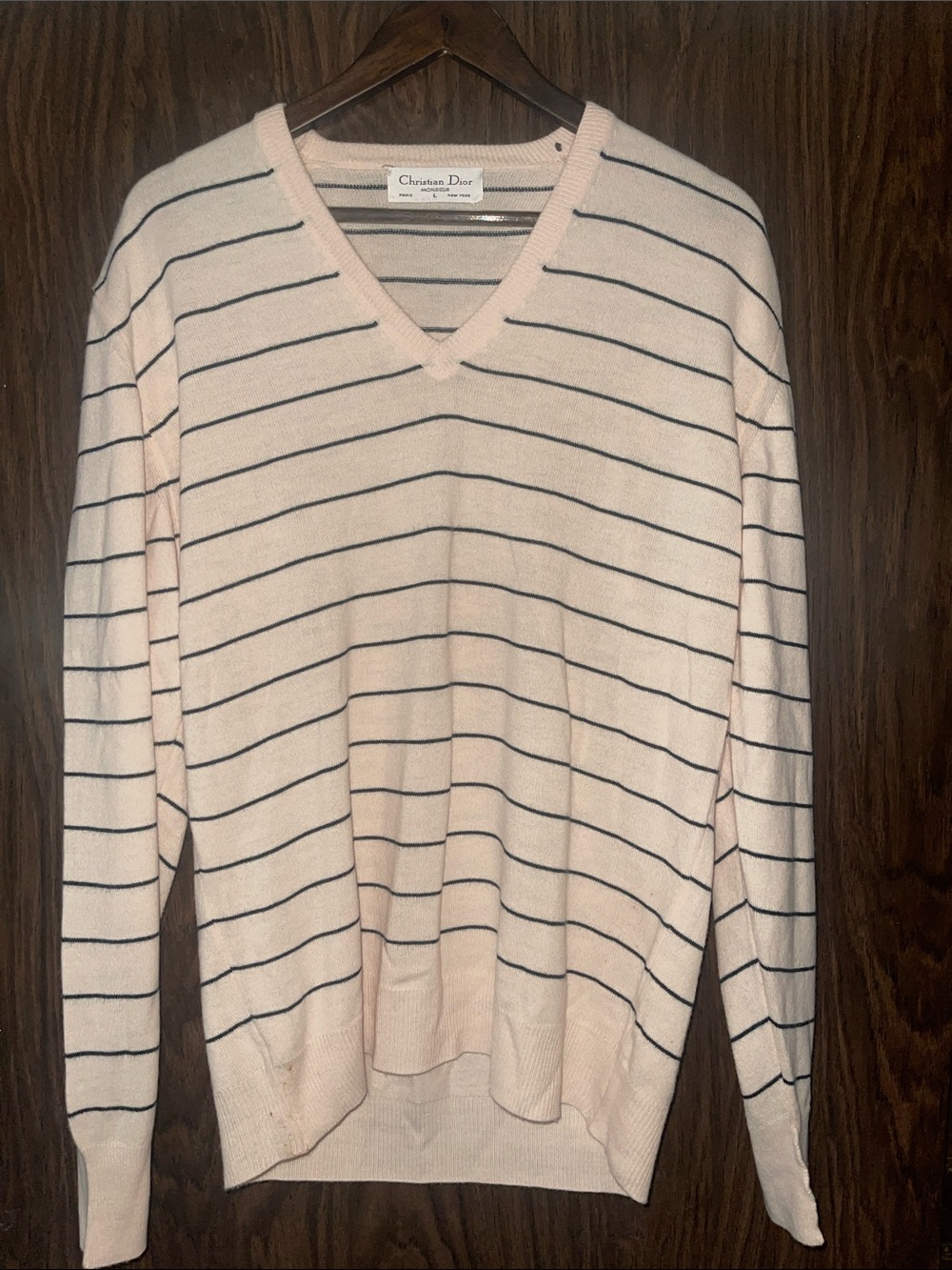 Vintage Christian Dior Monsieur striped V-neck sweater features a classic cream